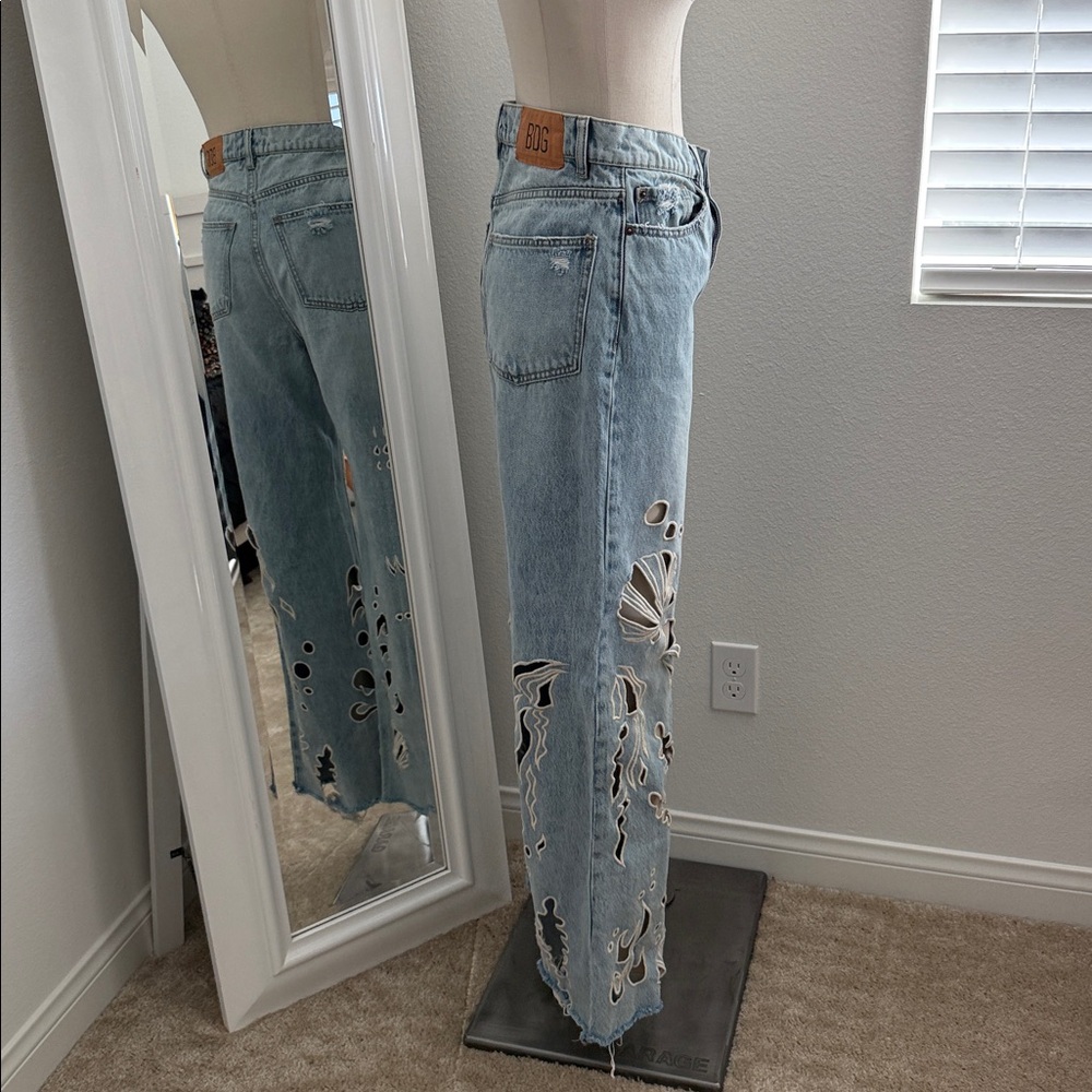 BDG Light Blue Flare Jeans with Artistic Patterns - Picture 13 of 15